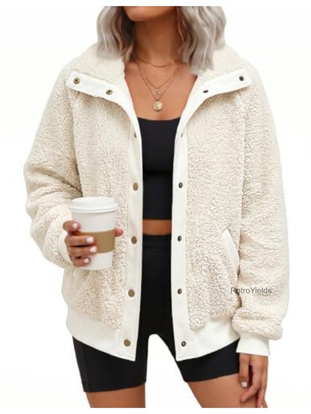 Sherpa Fleece Snap Button Jacket Stand Collar Winter Coat